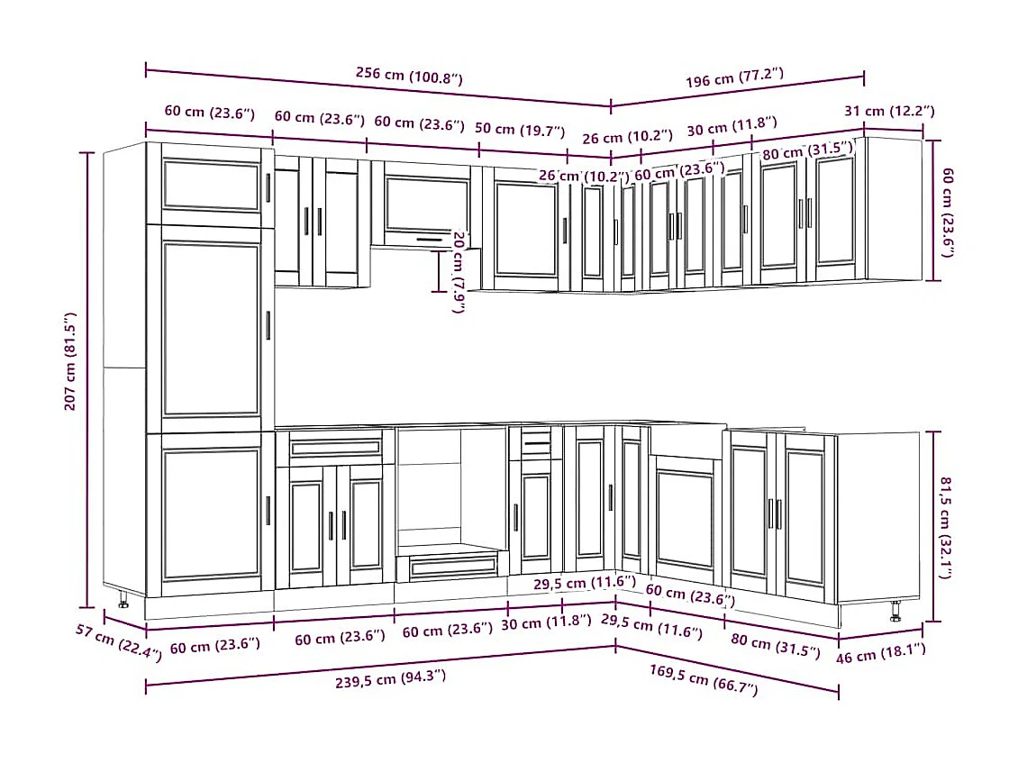 14-delige Keukenkastenset Porto bewerkt hout glanzend wit