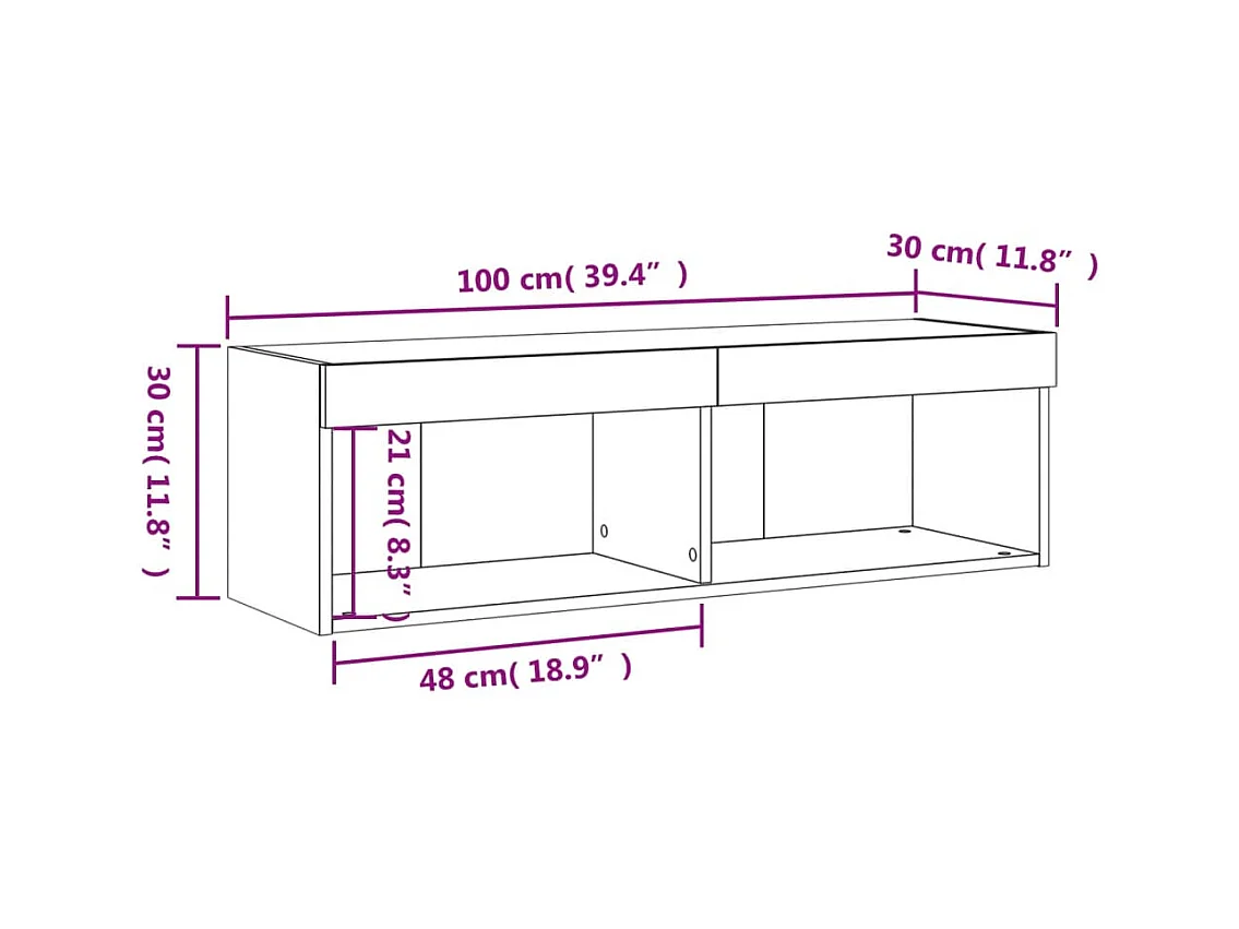 Meuble TV avec lumières LED gris béton 100x30x30 cm