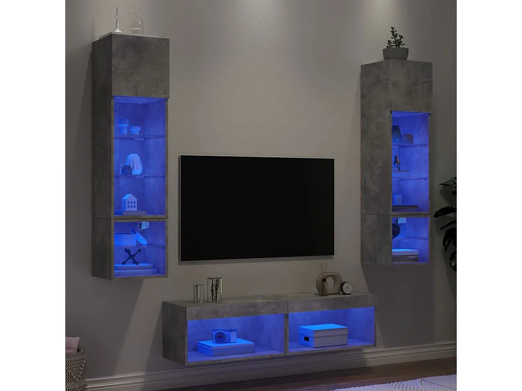 Unités murales TV avec LED 6 pcs gris béton bois d'ingénierie
