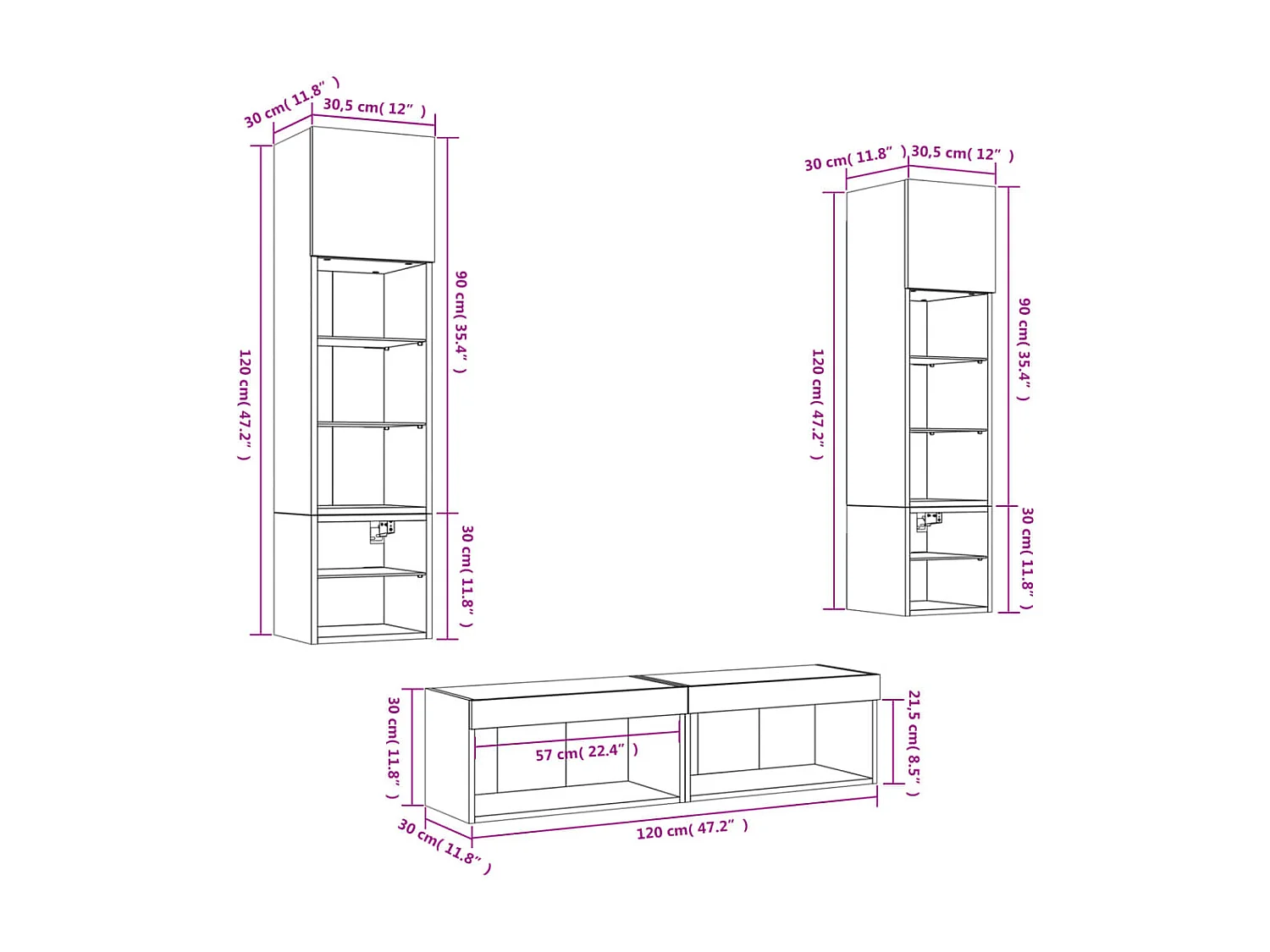 Unités murales TV avec LED 6 pcs gris béton bois d'ingénierie