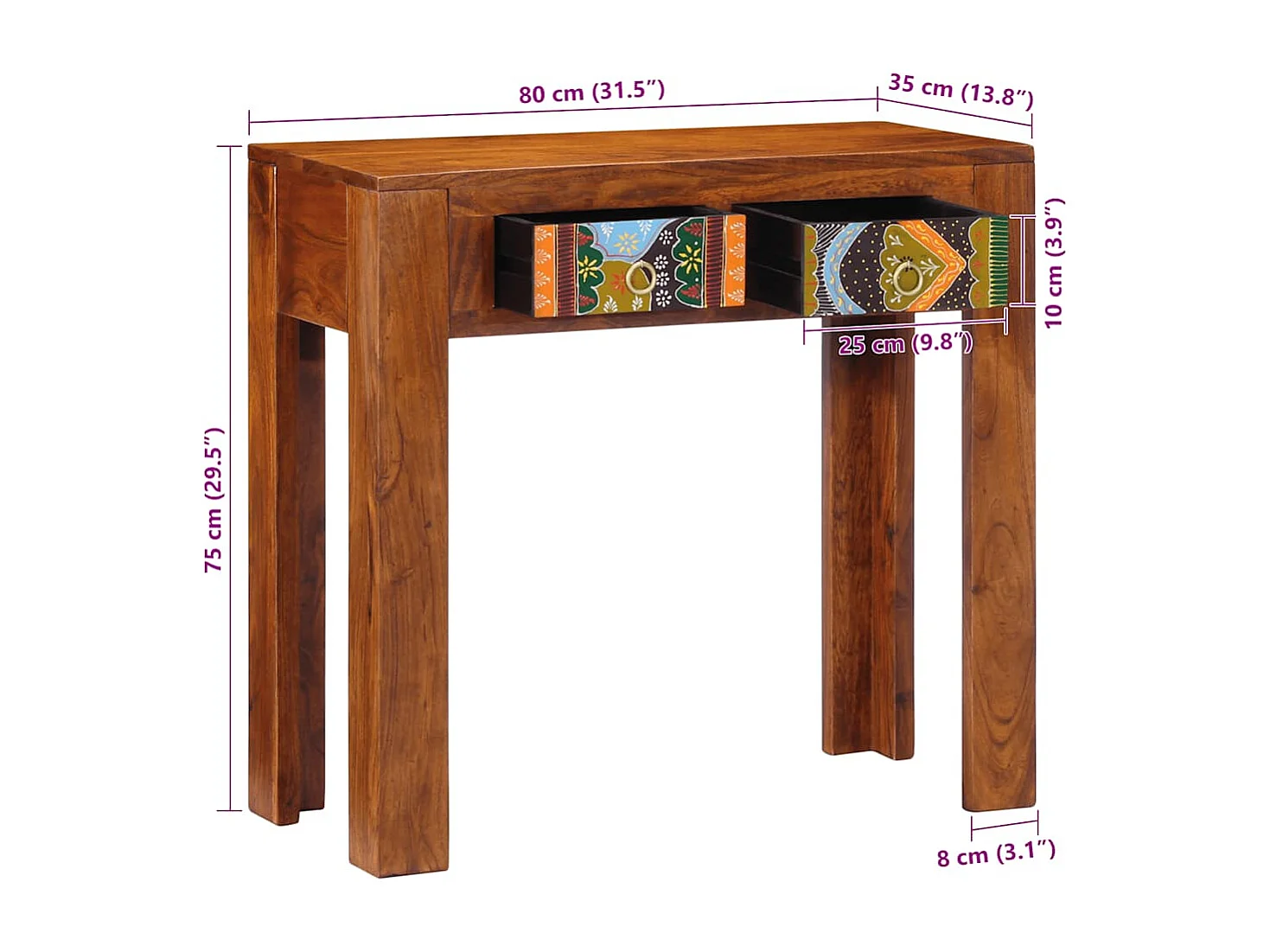 Table console 80x35x75 cm bois massif d'acacia