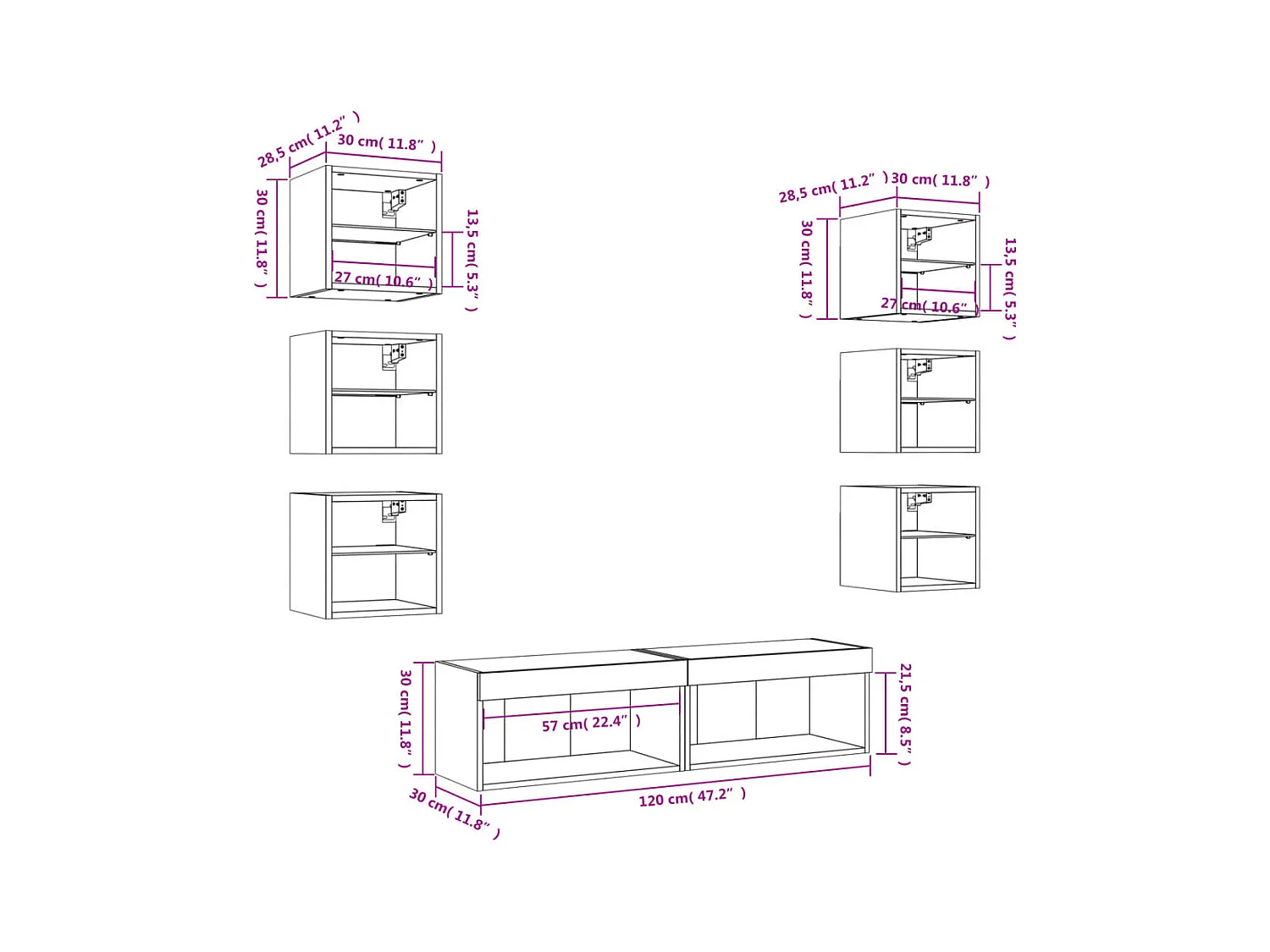 Unités murales TV avec LED 8 pcs gris béton bois d'ingénierie