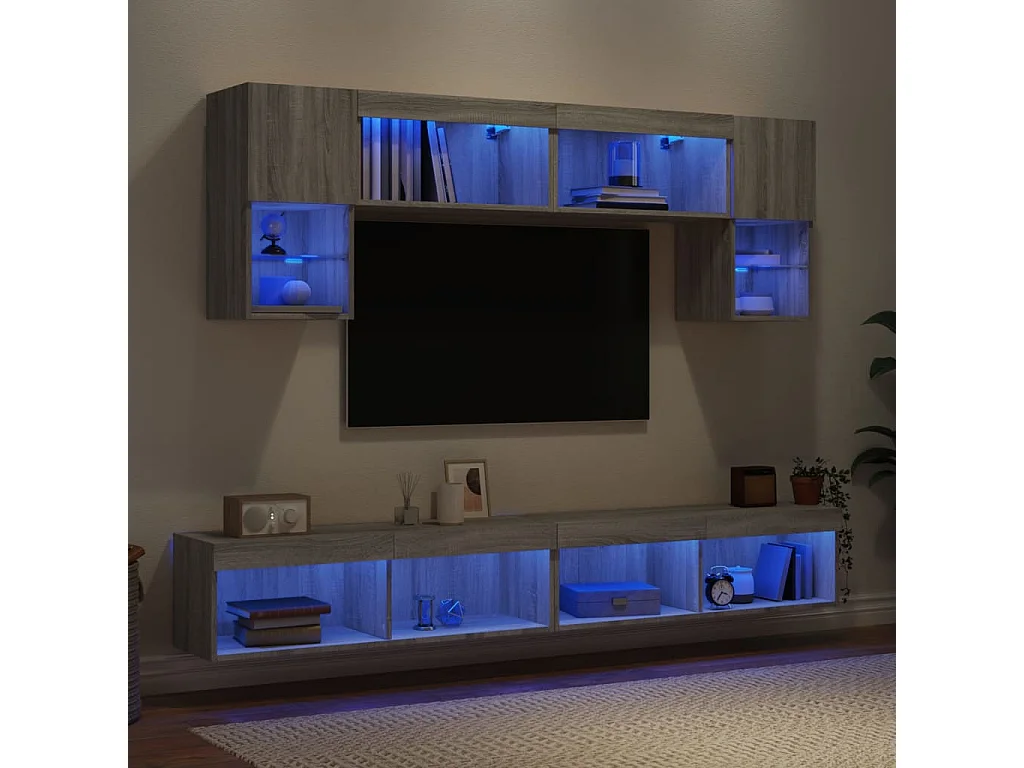 Mobili TV a Muro con LED 6pz Grigio Sonoma Legno Multistrato