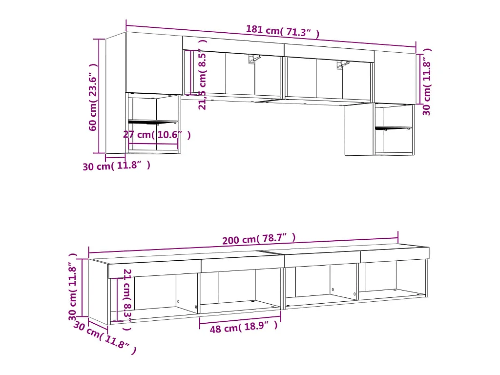 Mobili TV a Muro con LED 6pz Grigio Sonoma Legno Multistrato