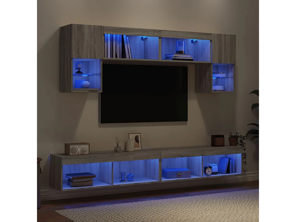 Mobili TV a Muro con LED 6pz Grigio Sonoma Legno Multistrato