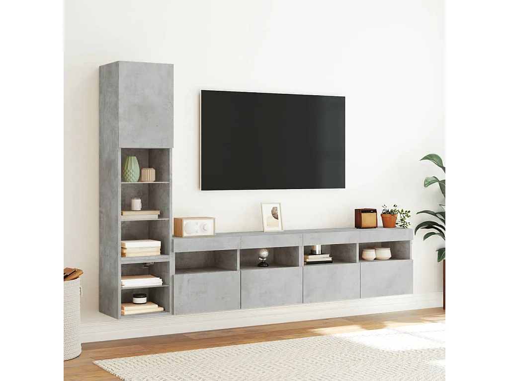 4-tlg. Wohnwand mit LED-Beleuchtung Betongrau Holzwerkstoff