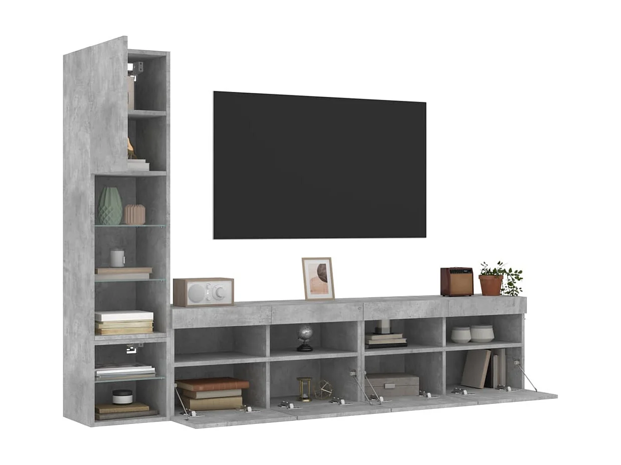 4-tlg. Wohnwand mit LED-Beleuchtung Betongrau Holzwerkstoff