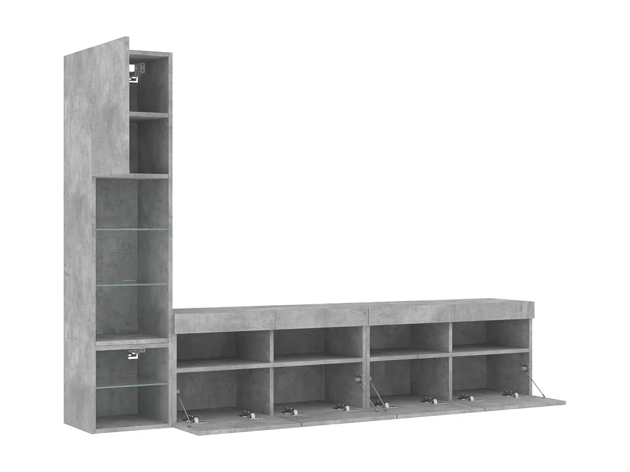 4-tlg. Wohnwand mit LED-Beleuchtung Betongrau Holzwerkstoff