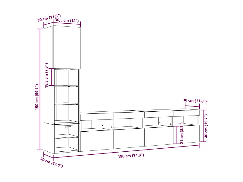 Mobili TV a Muro con LED 4pz Grigio Cemento Legno Multistrato