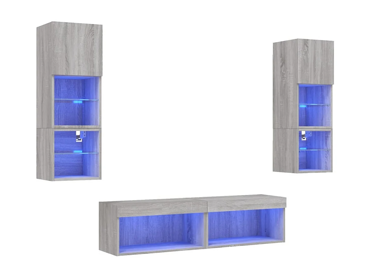 Muebles TV pared con LED 6 pzas madera ingeniería gris Sonoma