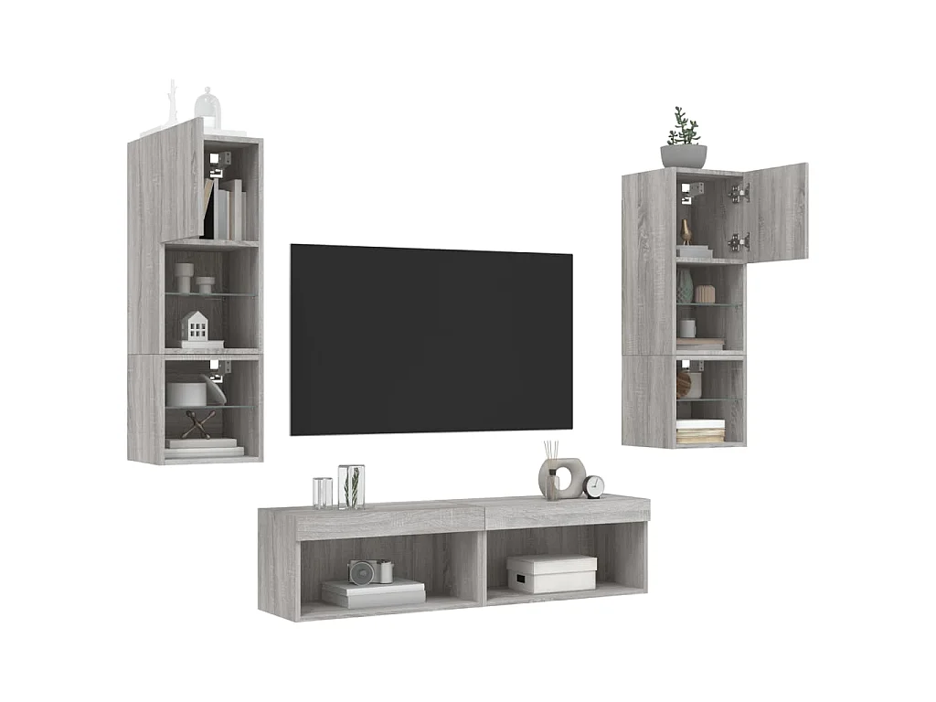 Muebles TV pared con LED 6 pzas madera ingeniería gris Sonoma