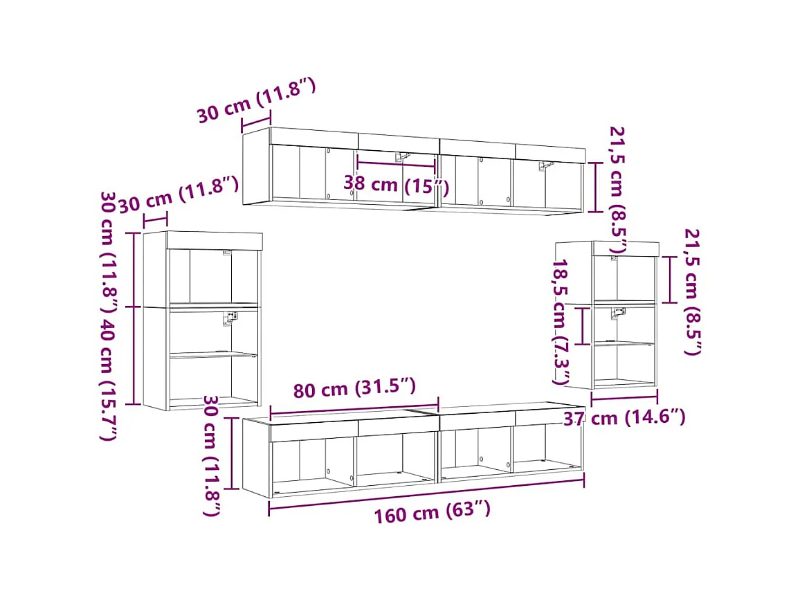 Centre de divertissement 8 pcs Bois ancien 40 x 28.5 x 40 cm