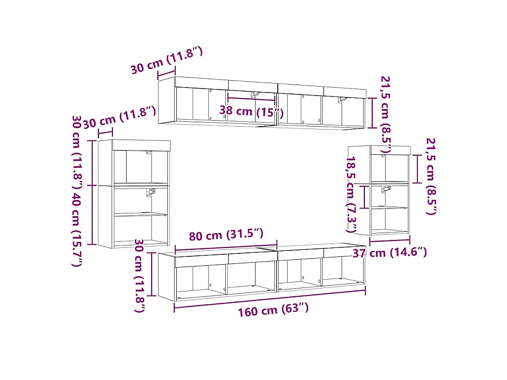 Conjunto de móvel de TV 8 unid. 37 x 30 x 70 cm Madeira antiga