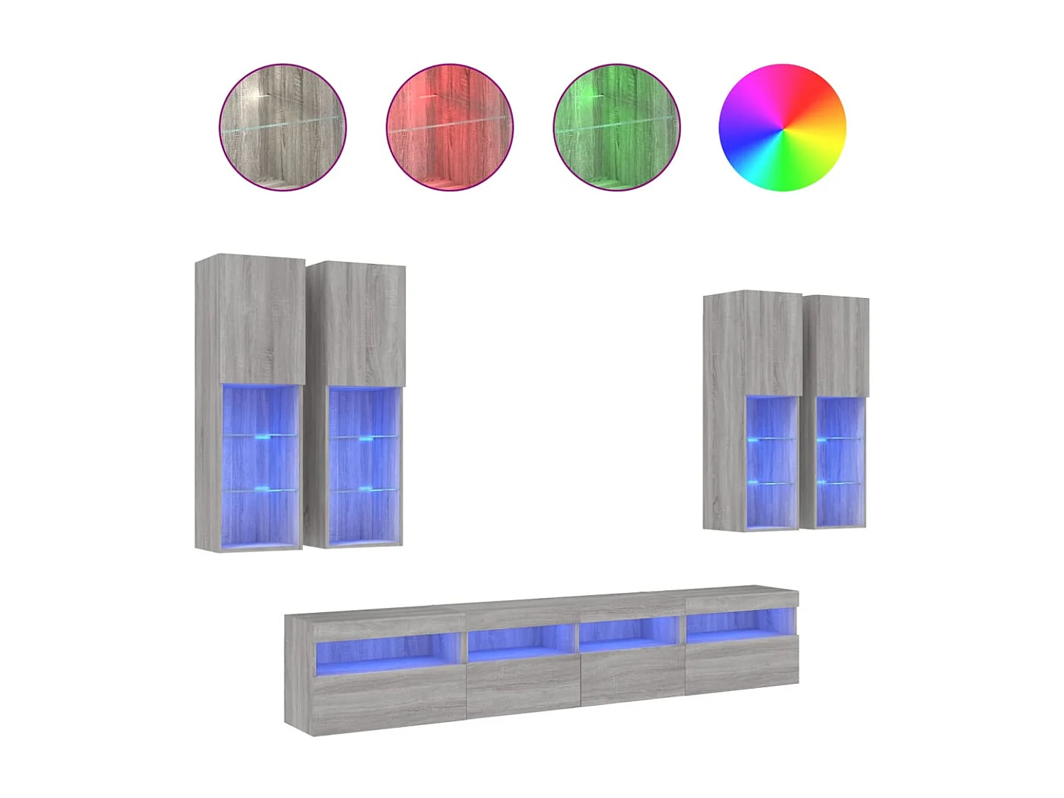 7 pcs conj. móveis de parede p/ TV c/ luzes LED cinzento sonoma