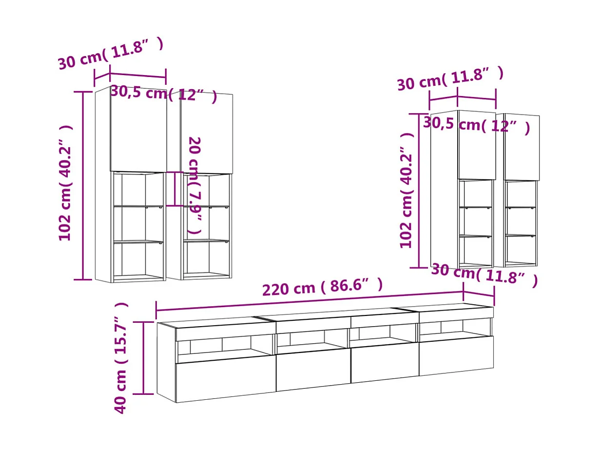 7 pcs conj. móveis de parede p/ TV c/ luzes LED cinzento sonoma