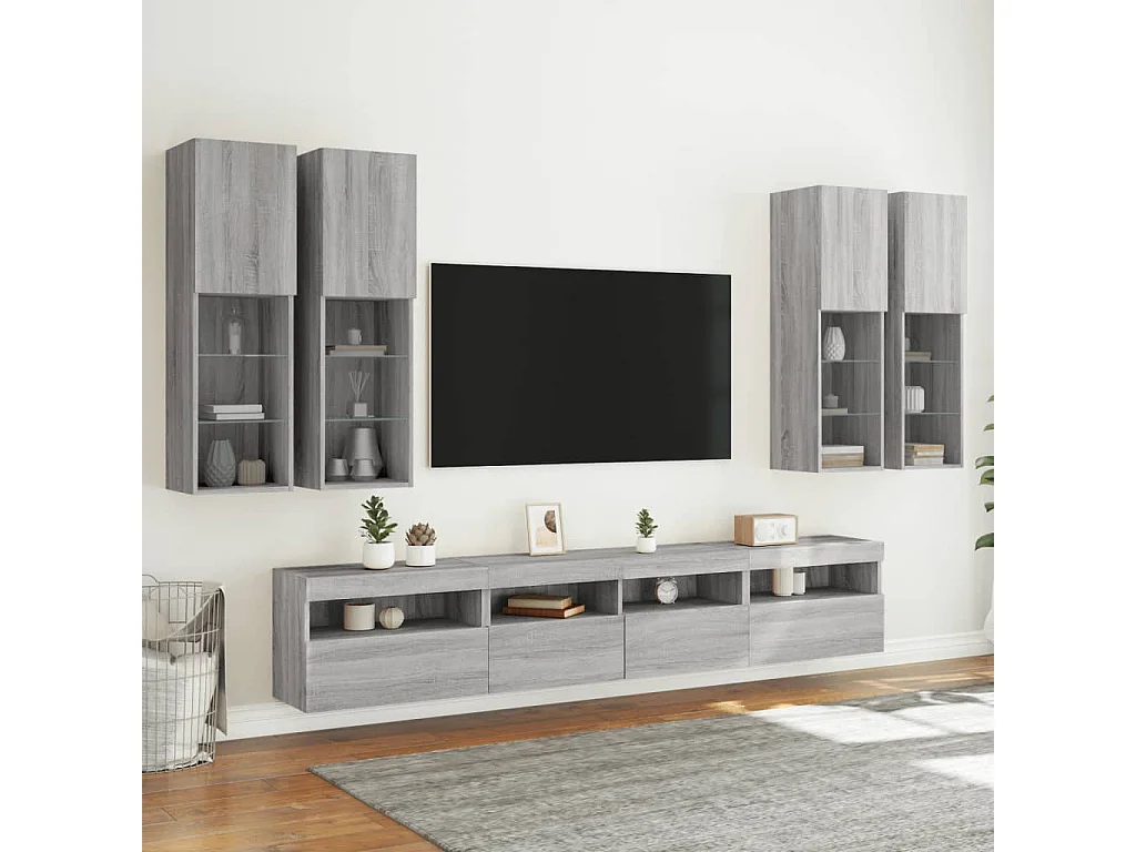 7 pcs conj. móveis de parede p/ TV c/ luzes LED cinzento sonoma