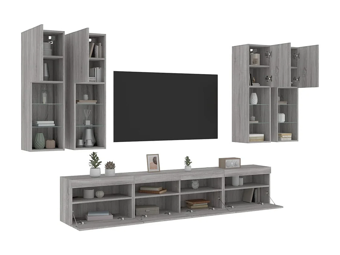 7 pcs conj. móveis de parede p/ TV c/ luzes LED cinzento sonoma