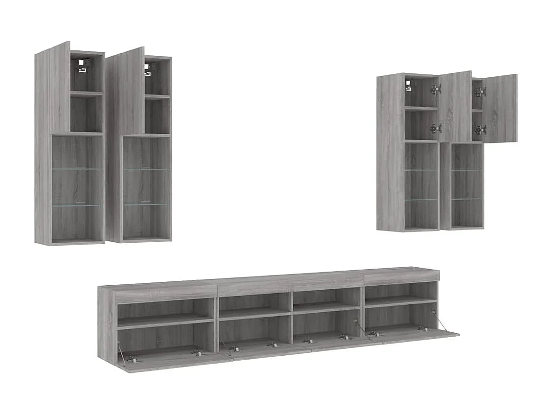 7 pcs conj. móveis de parede p/ TV c/ luzes LED cinzento sonoma