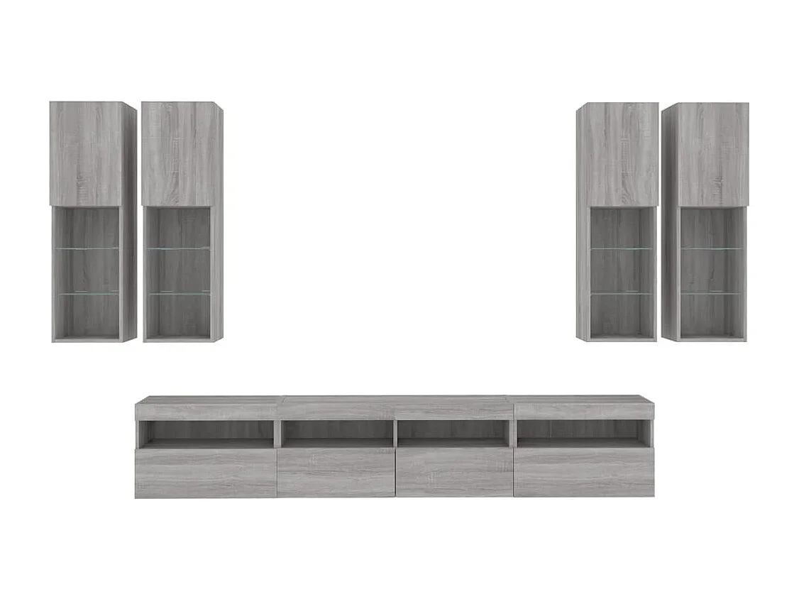 7 pcs conj. móveis de parede p/ TV c/ luzes LED cinzento sonoma