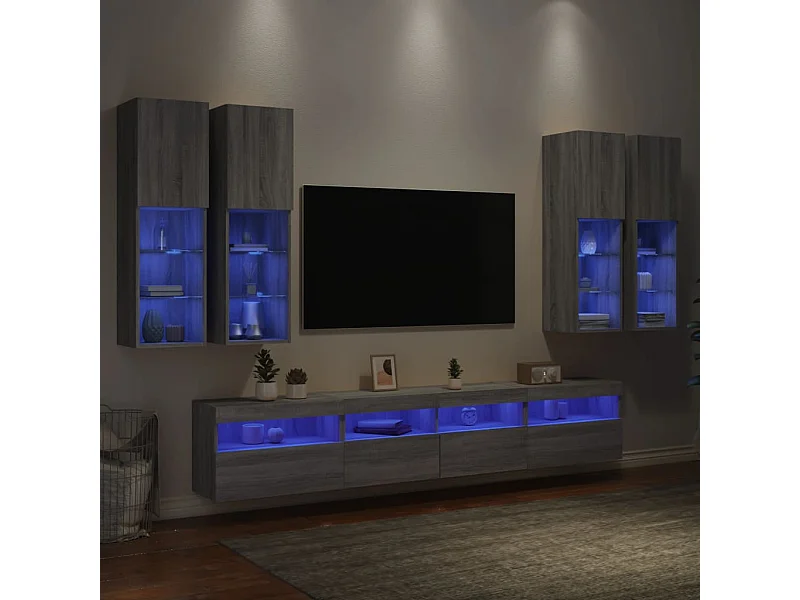7 pcs conj. móveis de parede p/ TV c/ luzes LED cinzento sonoma