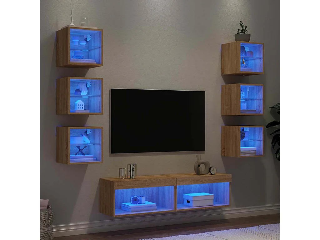 Mobili TV a Muro con LED 8pz Rovere Sonoma Legno Multistrato
