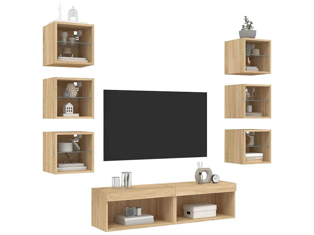 Mobili TV a Muro con LED 8pz Rovere Sonoma Legno Multistrato