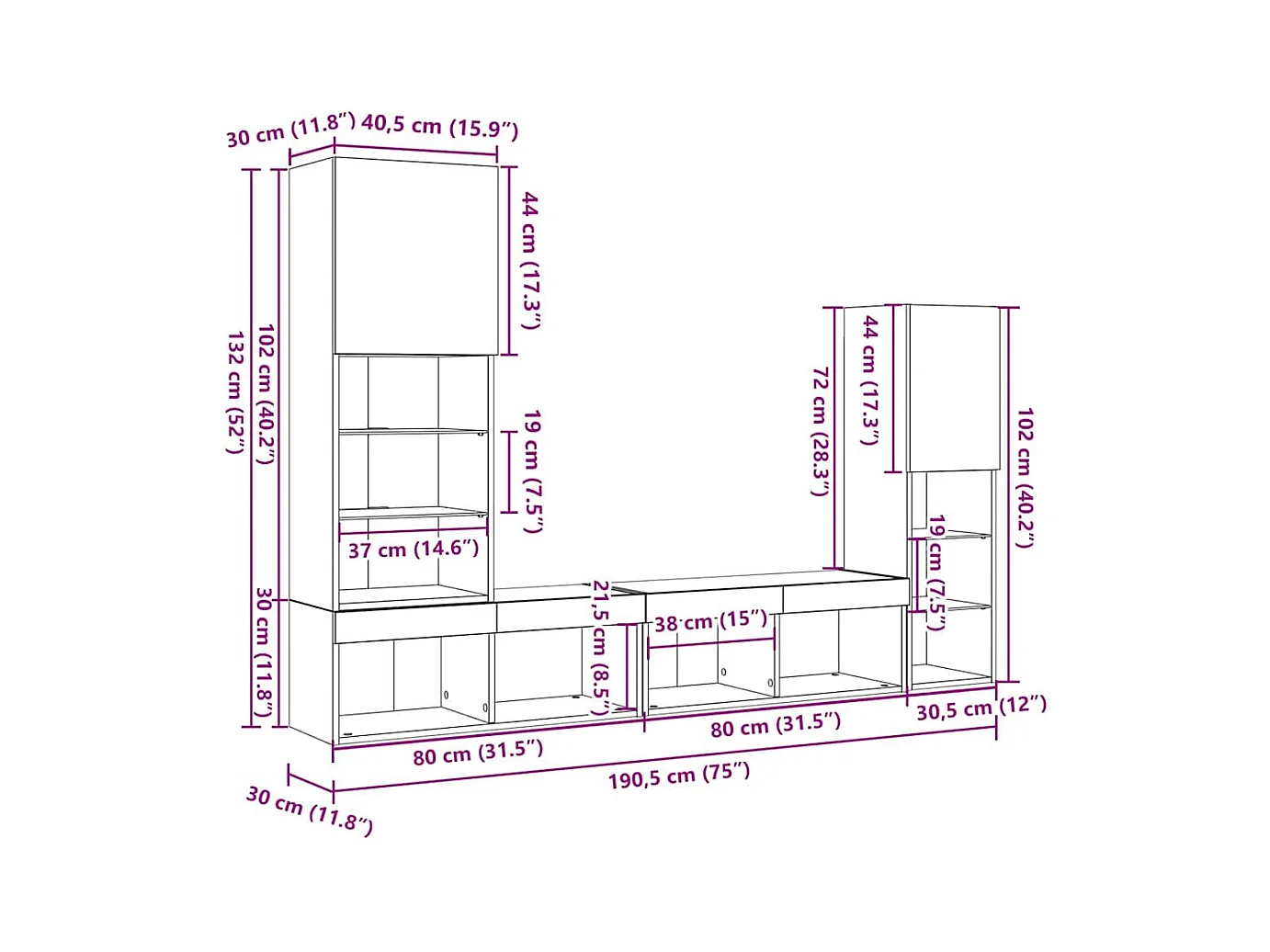 Mobile TV 4 pcs rovere artigianale 40.5 x 30 x 102 cm