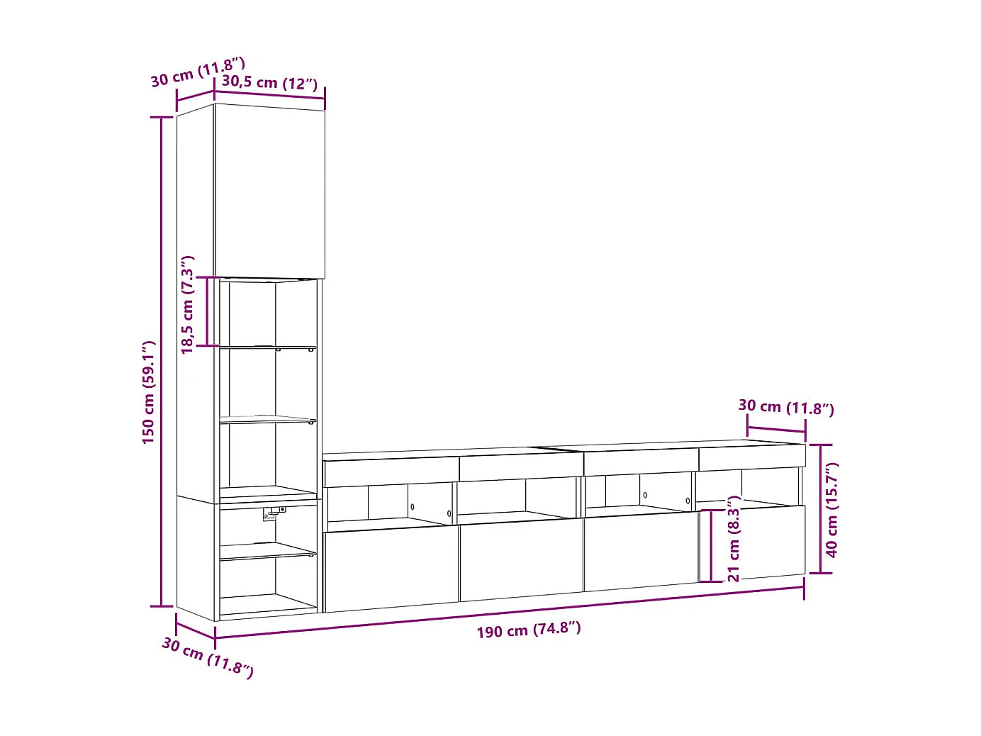 Mobili TV a Muro con LED 4pz Rovere Fumo in Legno Multistrato