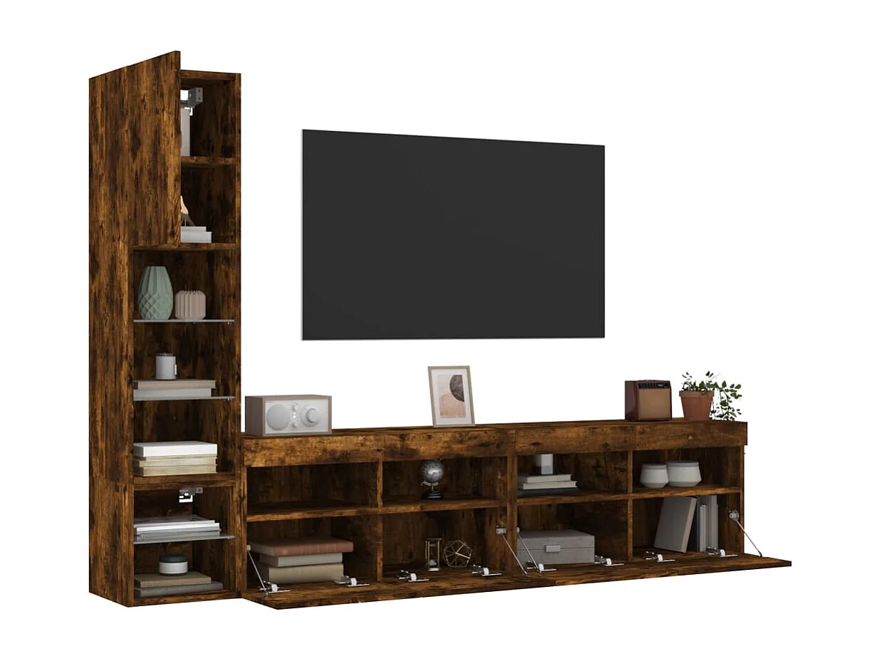 Mobili TV a Muro con LED 4pz Rovere Fumo in Legno Multistrato