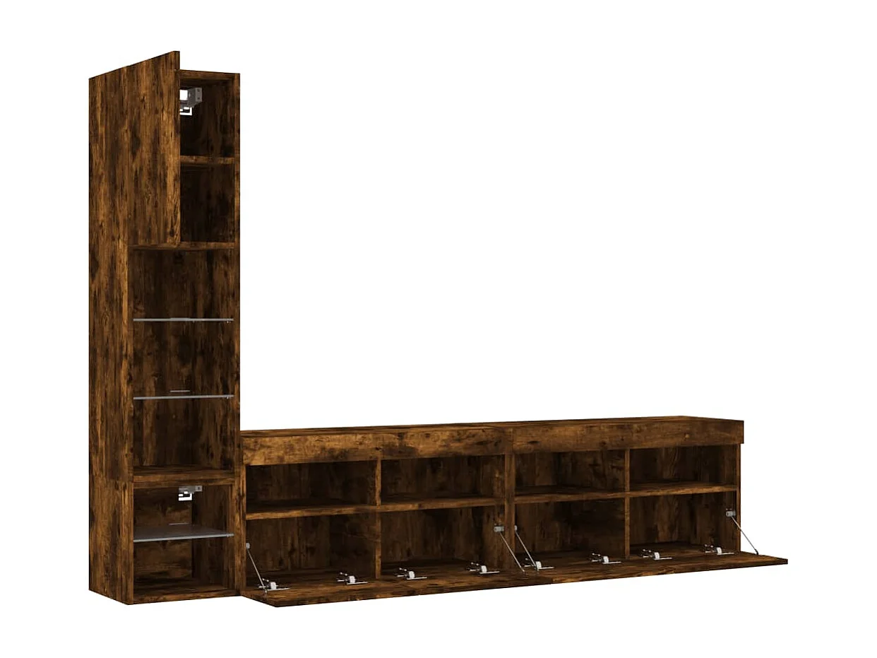 Mobili TV a Muro con LED 4pz Rovere Fumo in Legno Multistrato