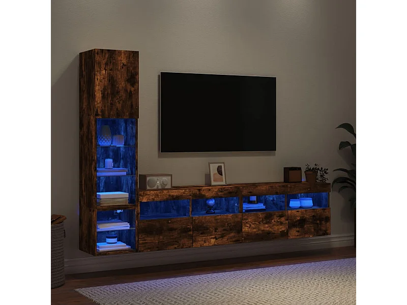 Mobili TV a Muro con LED 4pz Rovere Fumo in Legno Multistrato