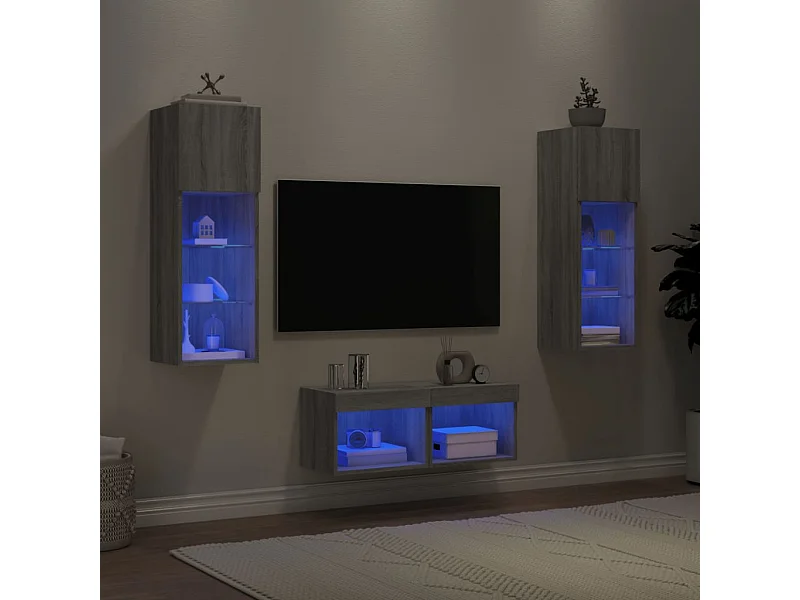 4 pcs móveis de parede para TV com luzes LED cinzento sonoma
