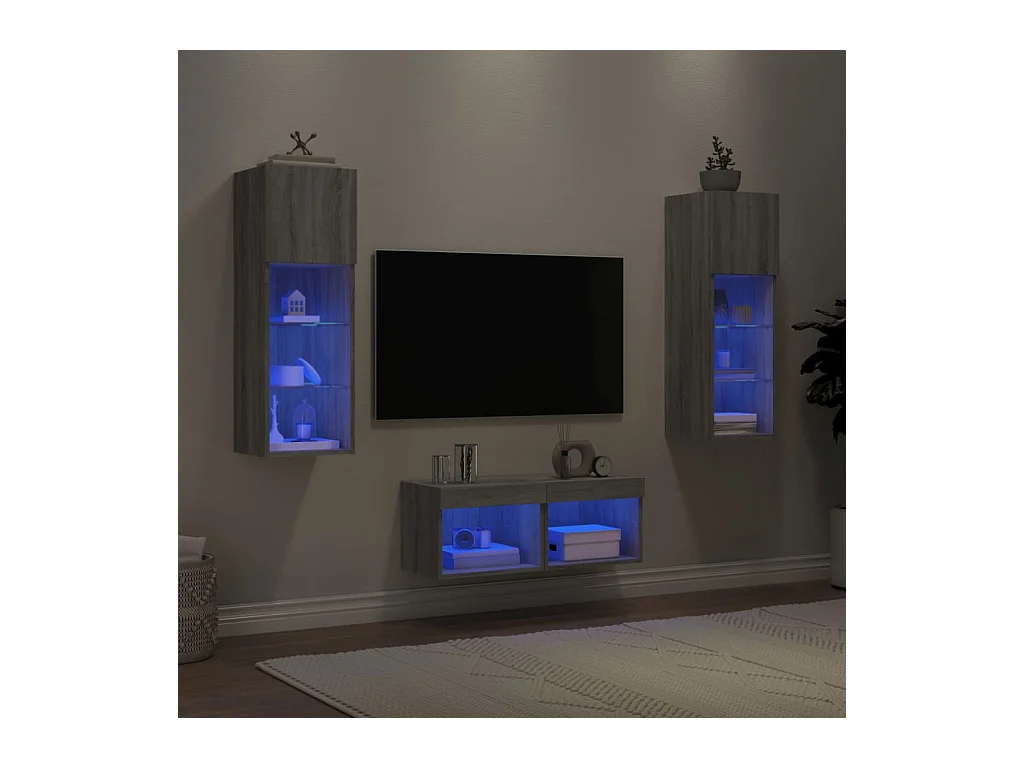Meuble TV muraux 4 pcs avec lumières LED sonoma gris