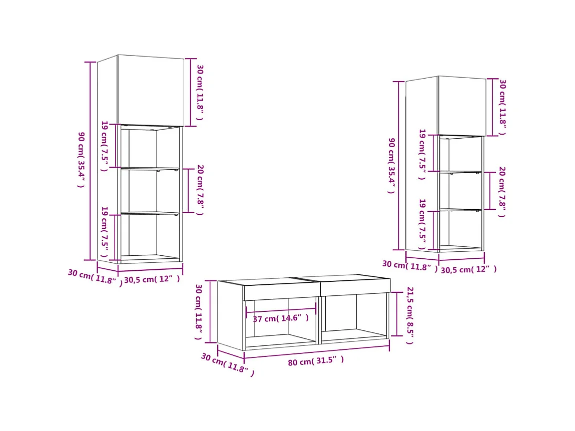 Meuble TV muraux 4 pcs avec lumières LED sonoma gris