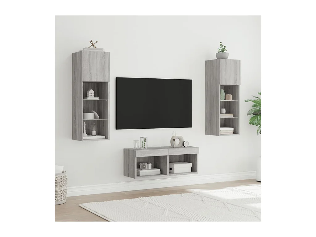 Meuble TV muraux 4 pcs avec lumières LED sonoma gris