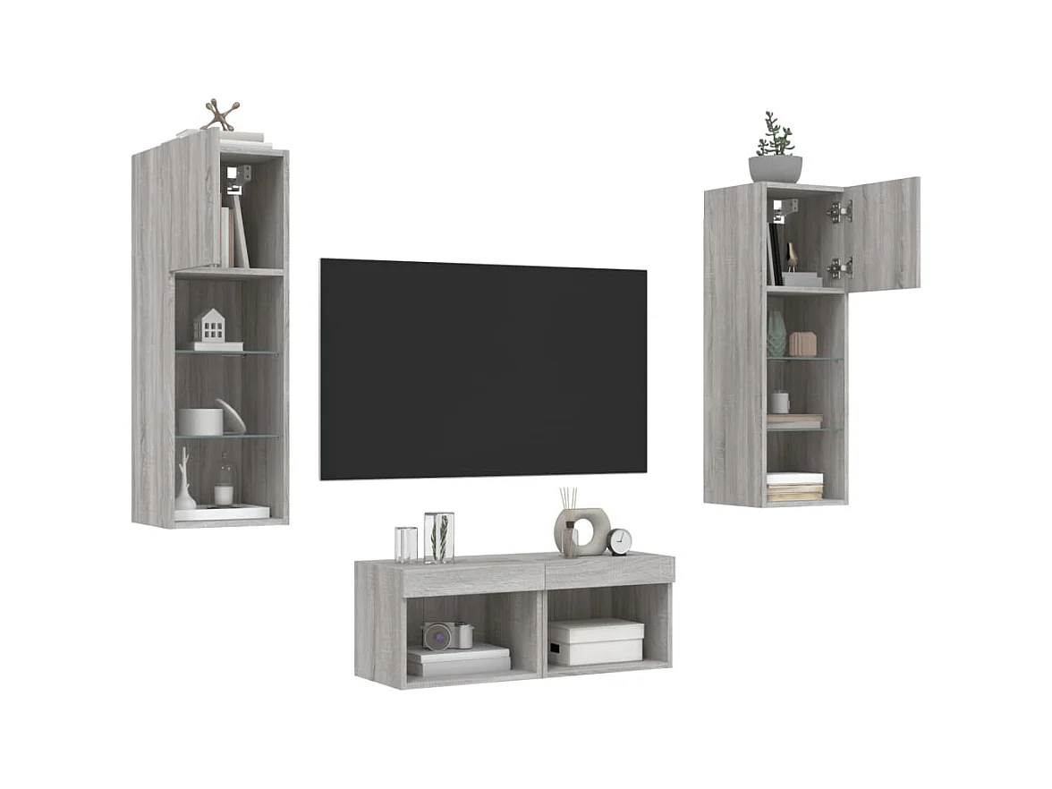 Meuble TV muraux 4 pcs avec lumières LED sonoma gris