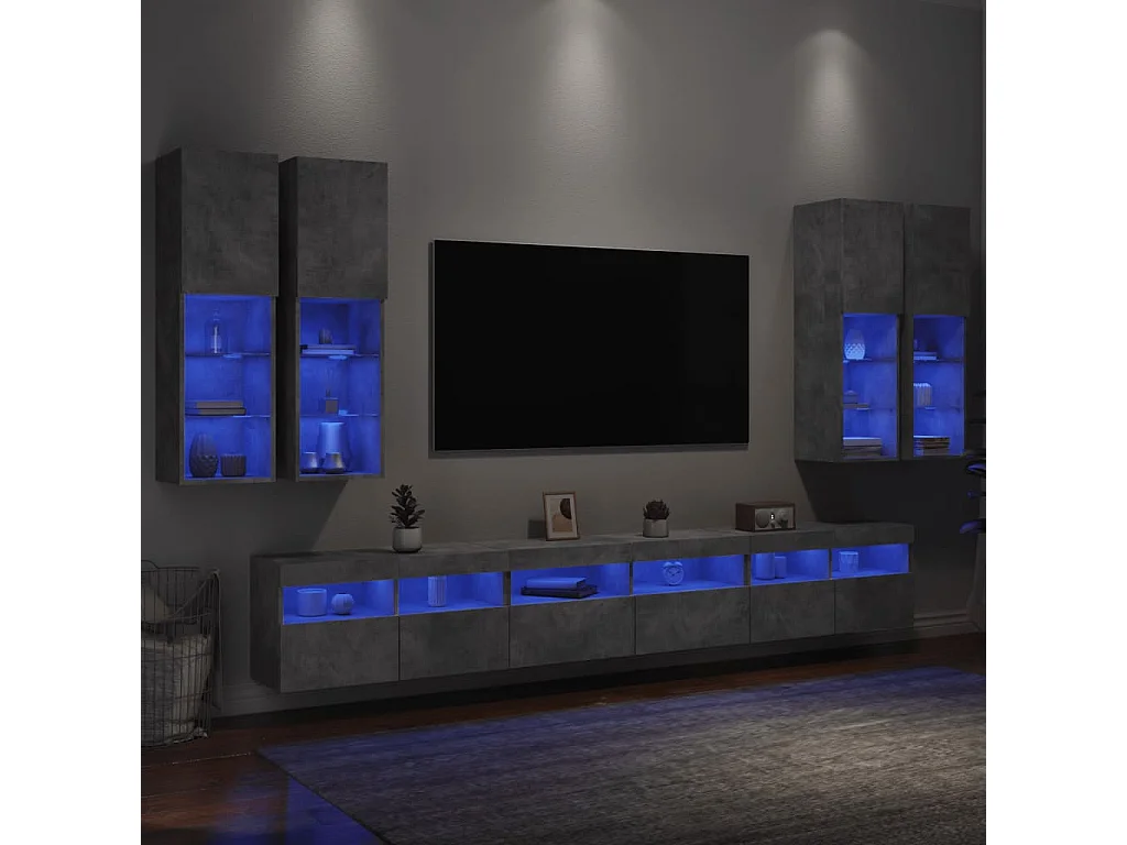 7-tlg. TV-Wohnwand mit LED-Leuchten Betongrau