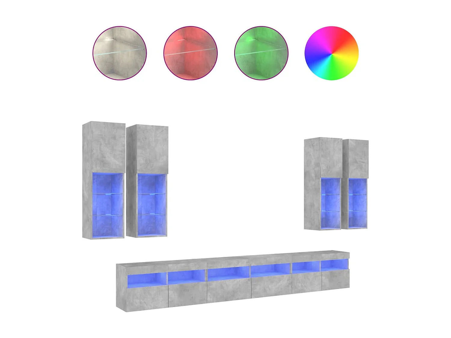 7-tlg. TV-Wohnwand mit LED-Leuchten Betongrau