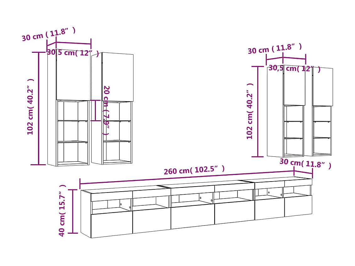 7-tlg. TV-Wohnwand mit LED-Leuchten Betongrau