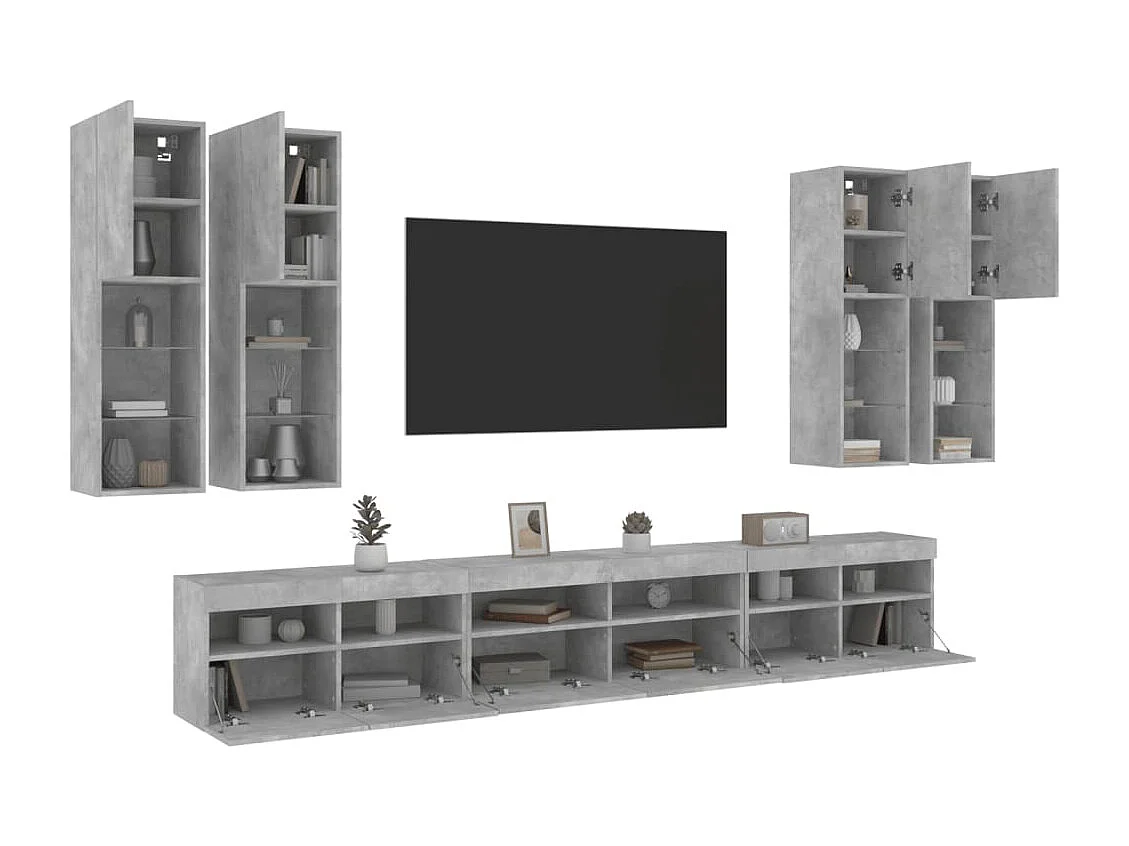 7-tlg. TV-Wohnwand mit LED-Leuchten Betongrau