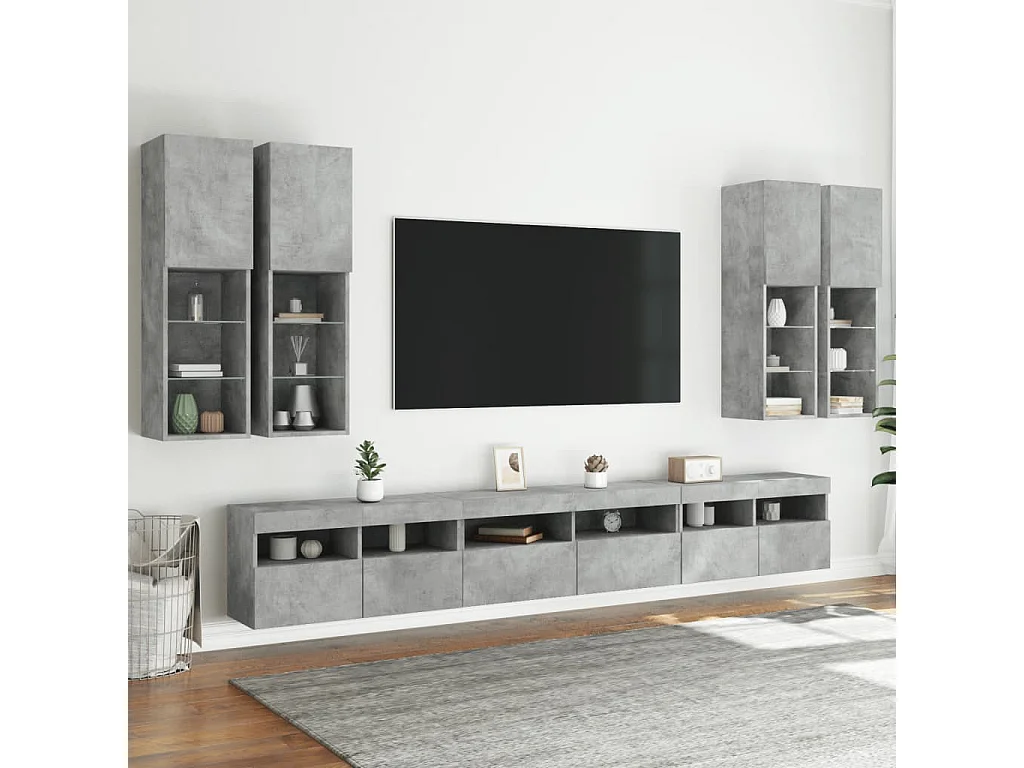 7-tlg. TV-Wohnwand mit LED-Leuchten Betongrau