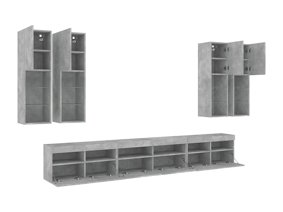 7-tlg. TV-Wohnwand mit LED-Leuchten Betongrau