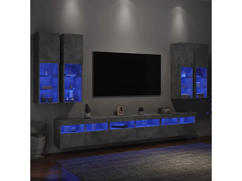 7-tlg. TV-Wohnwand mit LED-Leuchten Betongrau