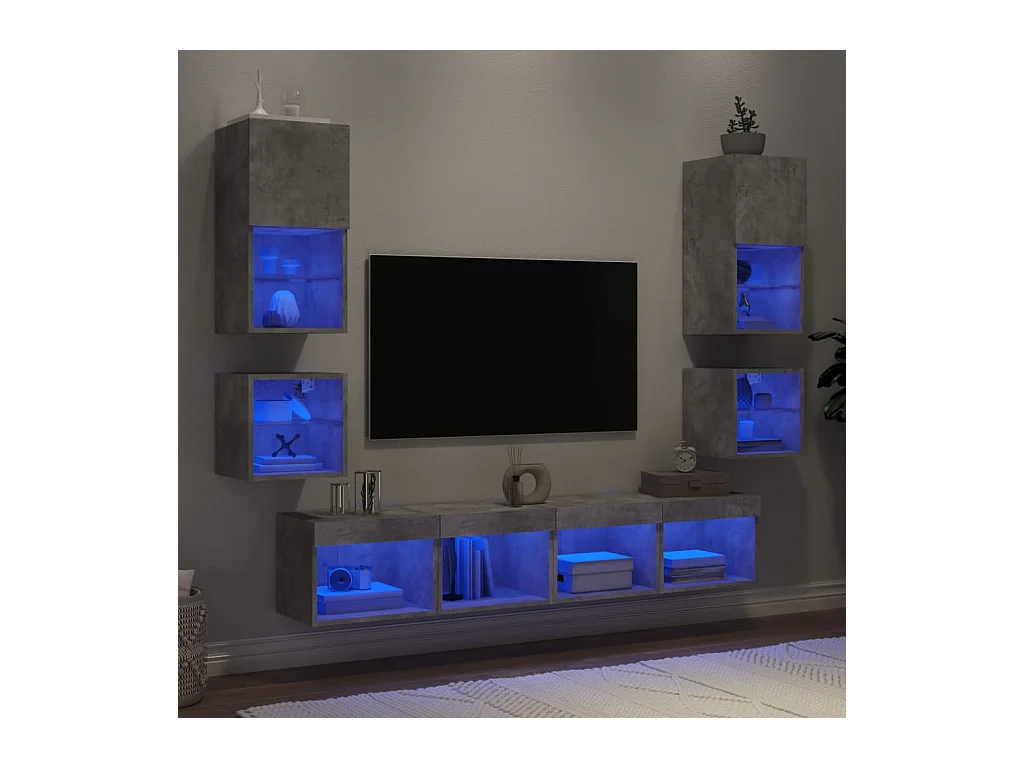 8 pcs móveis parede p/ TV c/ LEDs deriv. madeira cinza cimento