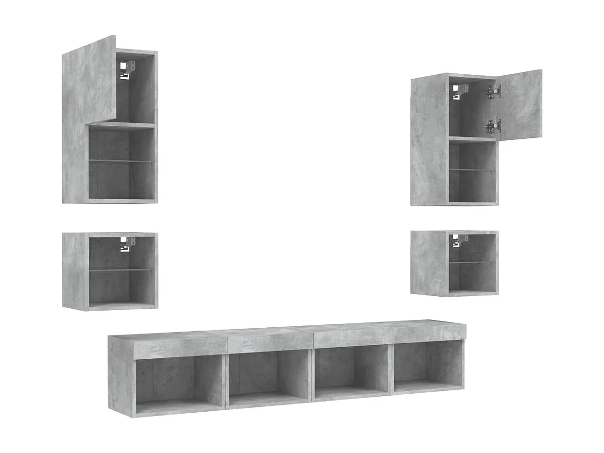 8-tlg. Wohnwand mit LED-Beleuchtung Betongrau Holzwerkstoff
