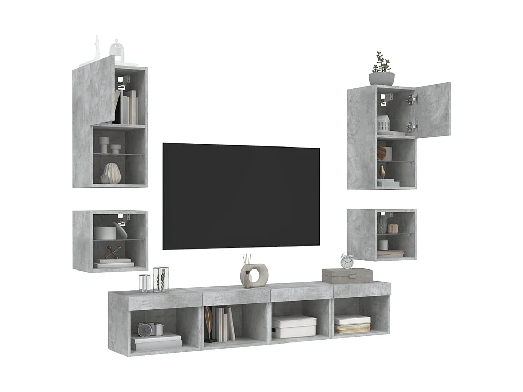 8-delige Tv-wandmeubelset met LED bewerkt hout betongrijs