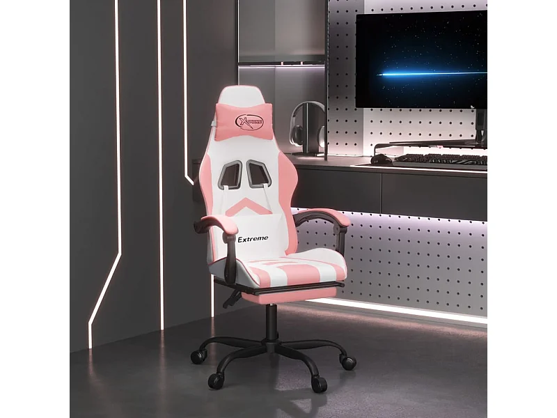 Gamestoel met voetensteun kunstleer wit en roze