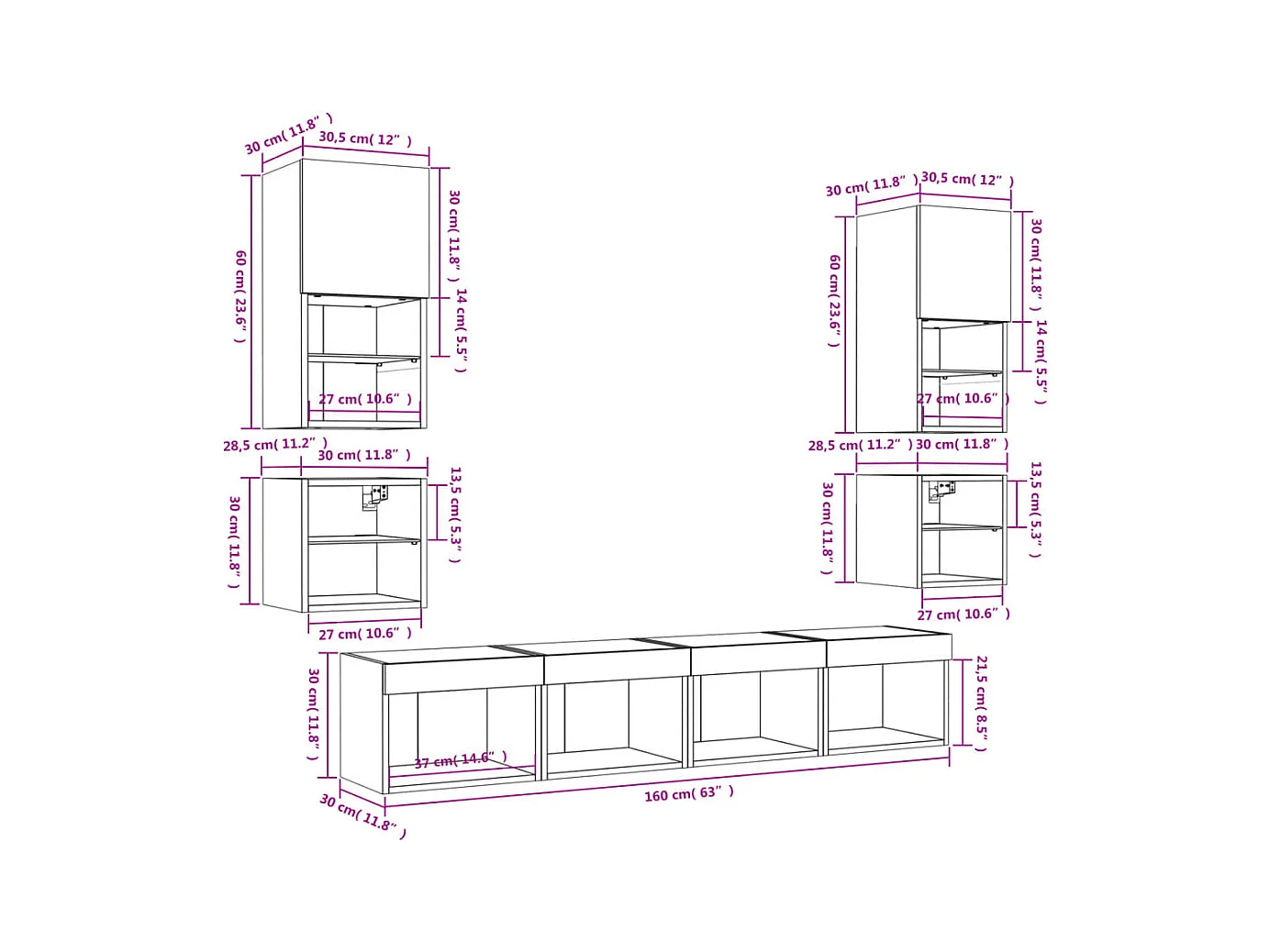 Unités murales TV avec LED 8 pcs gris sonoma bois d'ingénierie