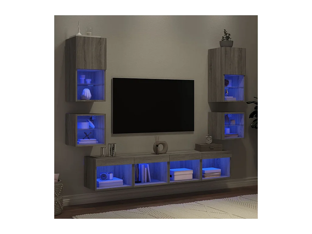 8-delige Tv-wandmeubelset met LED bewerkt hout grijs sonoma