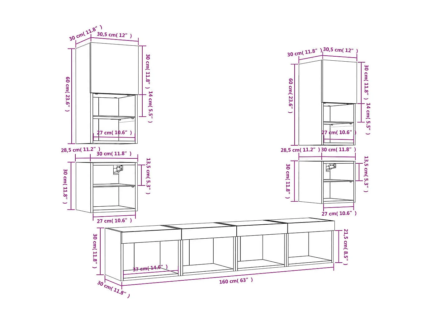 Unités murales TV avec LED 8 pcs gris sonoma bois d'ingénierie